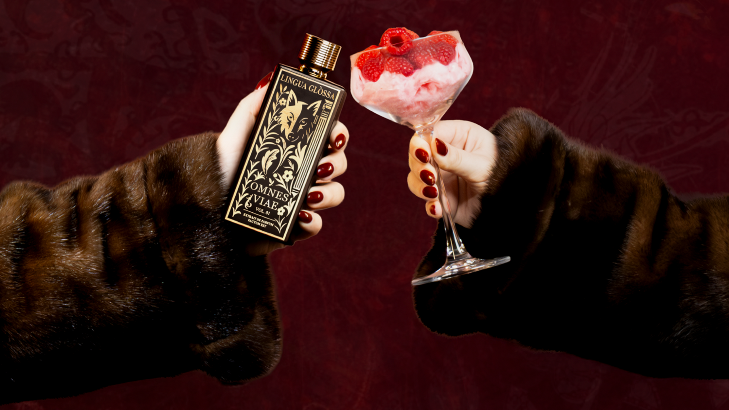 Two hands in fur coats clinking a perfume bottle with a glass filled with its top notes.